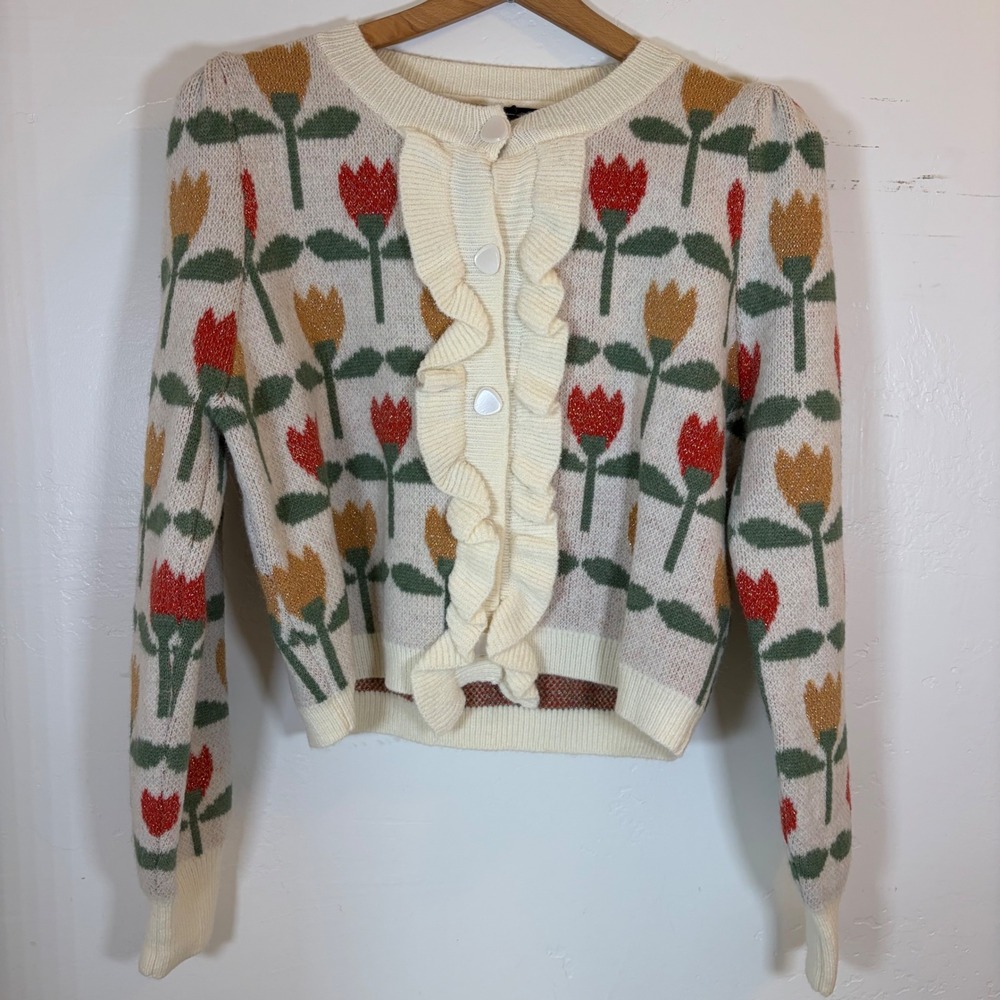 New- Cider Womens Small Jacquard Tulip Floral Ruffle Knit Cardigan Sweater Ivory - Picture 3 of 7
